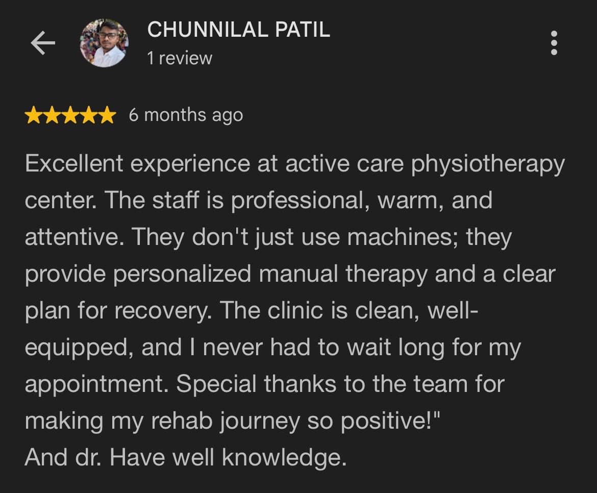 Google review for Active Care Physiotherapy