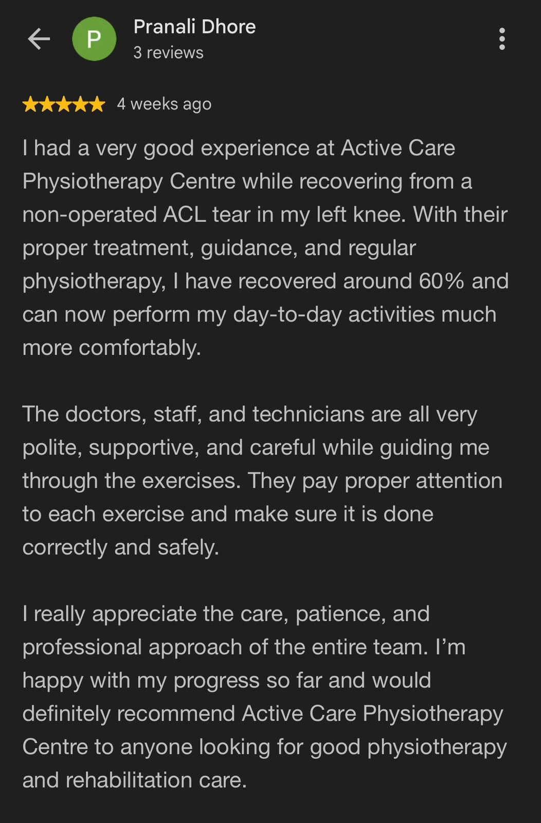 Google review for Active Care Physiotherapy