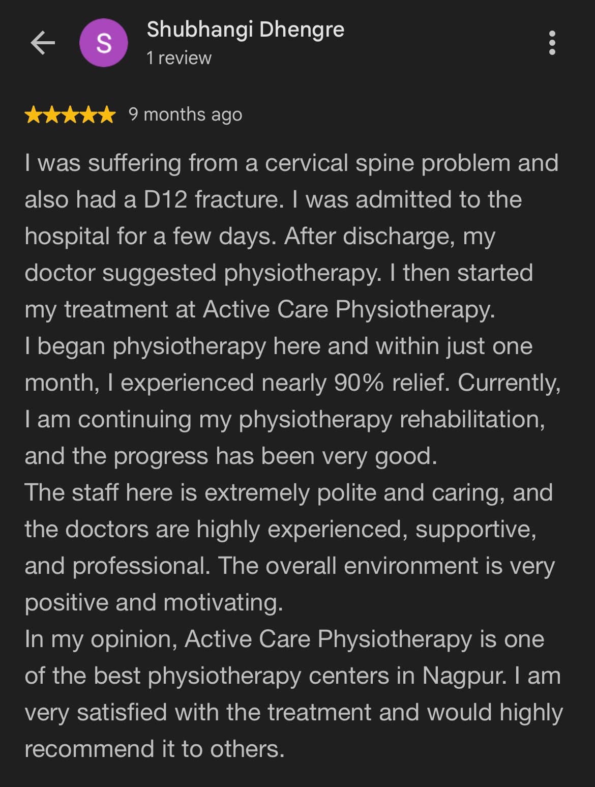 Google review for Active Care Physiotherapy