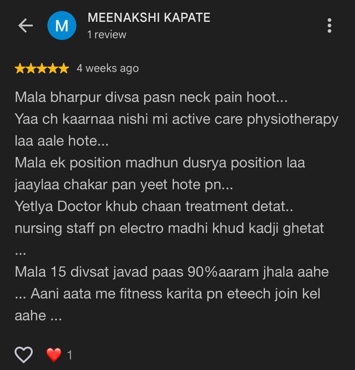 Google review for Active Care Physiotherapy